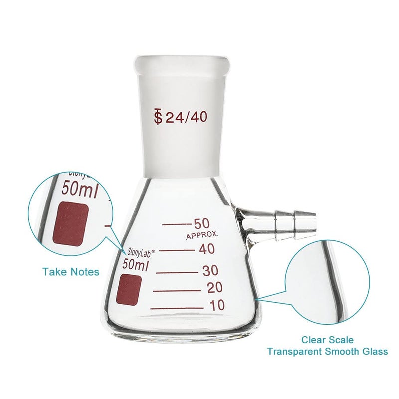 stonylab Filtering Flask with 24/40 Standard Taper Outer Joint, Heavy Wall Borosilicate Glass Filter Flask, Bolt Neck with Tubulation, 50 ml - Image 4